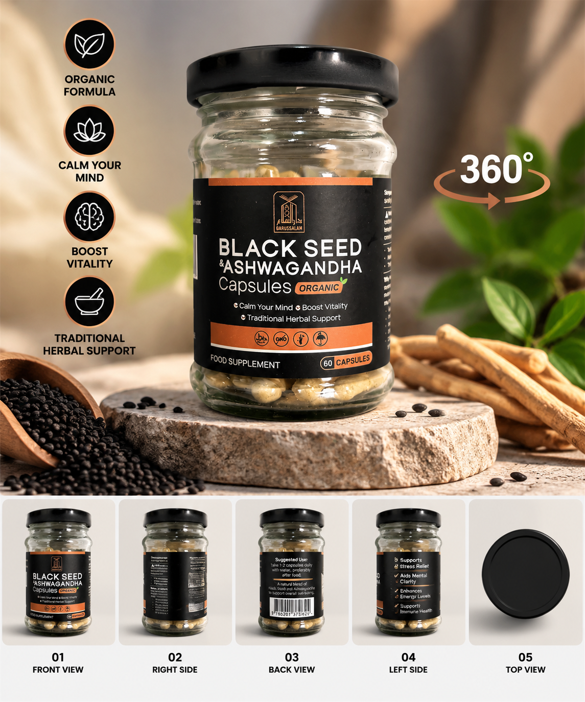 Darussalam Black Seed & Ashwagandha Capsules – Organic Herbal Blend for Vitality & Stress Support (60 Capsules)